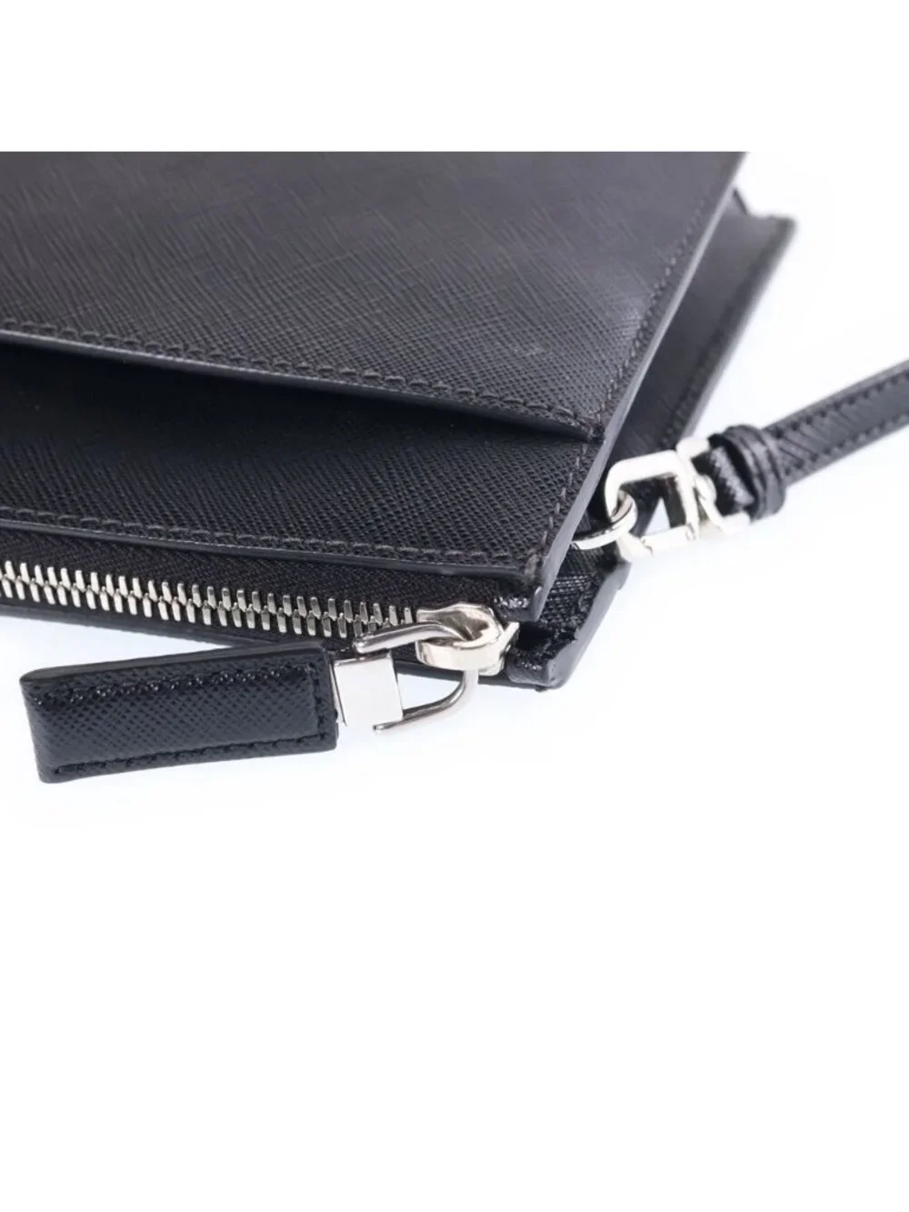 Prada Saffiano Clutch Pouch Black Leather Silver